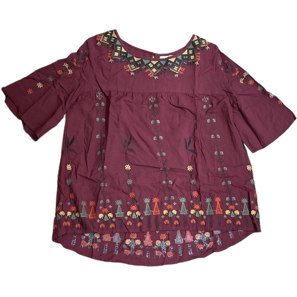 Hagel Embroidered Boho Peasant Top Burgundy Red Size XS